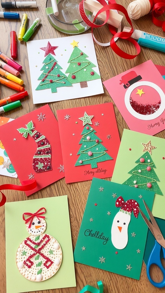 A collection of handmade Christmas cards with various designs and decorations on a crafting table.